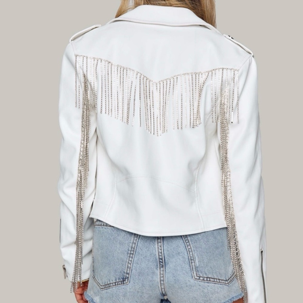 Buddy Love Rife Crystal Fringe
Vegan Leather Jacket in White - Picture 3 of 11
